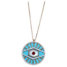 Diamond Halo Evil Eye Turquoise 18K Rose Gold Pendant Charm Medallion Necklace Turquoise Gemstone (Around 5 Carats) Mother of Pearl 0.40 cts Diamonds 0.20 cts Ruby Adjustable 18K Rose Gold chain 16-20 inches 20MM Diameter Medallion charm Necklace Turquoise, Rose Gold Chain, Rose Gold Pendant, Medallion Necklace, Diamond Halo, Turquoise Gemstone, Halo Diamond, 18k Rose Gold, Evil Eye