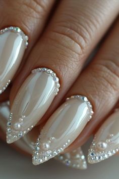 Pearl Rhinestone Nails, Bridal Nails 2024, Nail Design With Pearls, Gold And Pearl Nails, Wedding Nails With Rhinestones, Opulent Nails, Wedding Nails With Pearls, White Nails With Pearls, Bride's Nails Wedding