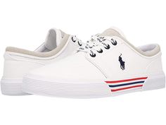 Polo Ralph Lauren Faxon Low Sneaker - Men's Lace up casual Shoes : White/Newport Navy Recycled Canvas : Bring a fresh look to your wardrobe with these clean Polo Ralph Lauren Faxon Low sneakers. Made of canvas with a lace-up design and embroidered signature logo at the side. Fabric lining. Padded footbed. Rubber sole. Imported. Measurements: Weight: 1 lb Product measurements were taken using size 12, width M. Please note that measurements may vary by size. Weight of footwear is based on a single Canvas Sneakers Men, Recycled Canvas, Fresh Look, Low Sneakers, Shoes White, Canvas Sneakers, Polo Ralph Lauren Mens, Signature Logo, Newport