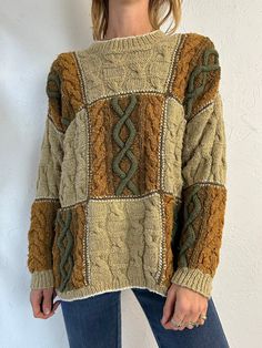 "- 90s Liz Claiborne cable knit sweater - Cotton rayon blend - Shoulder pads *could be removed - Made in China - Tagged L Chest: 24\" Length: 25\" Sleeve: 21\"" Retro Cable Knit Sweater For Fall, Retro Long Sleeve Cable Knit Sweater, Oversized Vintage Cable Knit Sweater, Brown Acrylic Cable Knit Sweater, Blue Sailor Dress, Patchwork Sweater, White Leather Jacket, Vintage Liz Claiborne, Silk Set