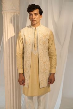 Yellow longline Nehru jacket with contrasting floral pattern aari tilla embroidery. Comes with embroidered placket kurta and pant. - Aza Fashions Elegant Nehru Jacket With Chikankari Embroidery, Eid Outerwear Straight Kurta With Intricate Embroidery, Eid Chikankari Embroidery Straight Kurta Outerwear, Eid Chikankari Embroidery Straight Kurta, Eid Designer Outerwear With Resham Embroidery, Eid Outerwear Straight Kurta With Resham Embroidery, Ceremonial Chikankari Embroidery Kurta For Winter, Designer Outerwear With Intricate Embroidery For Eid, Bandhgala With Chikankari Embroidery For Eid