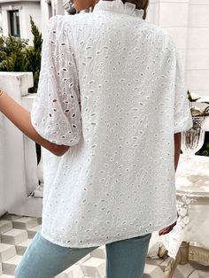 Unleash your inner fashionista with the Ventura Eyelet Short Sleeve Blouse. This stylish top features delicate eyelet detailing and a flattering short sleeve design that will elevate any outfit. Embrace your unique style with this must-have blouse! Size Guide: Model is 5’6” tall, and has a 33.2” bust, 26.4” waist, & 35.2” hips. She is wearing a S / US 4 / AU 8. This blouse is true to size. Material: 100% Polyester. Feature: Crew neckline. Short puff sleeves. Breathable lightweight fabrication. Not lined. Relaxed fit. Care Instructions: Machine wash / Cold hand wash Spring Solid Color Half Sleeve Tops, Solid Color Half Sleeve Tops For Spring, Casual V-neck Eyelet Blouse, Feminine Eyelet Tops For Summer, Feminine Summer Tops With Eyelet Details, Summer V-neck Hollow Out Top, Summer Half Sleeve Tops For Day Out, White Non-stretch Short Sleeve Blouse, Summer Solid Color Puff Sleeve Blouse