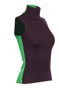 Get the best of both worlds with this two-toned Dolce & Gabbana turtleneck! This sleeveless sweater features a deep, lush purple on the front and surprises you with a bold and vivid green hue on the back. The sleeveless design makes this the perfect layering piece for the fall. Pop this on with a blazer for the office or switch it up to something a little more casual by wearing a denim jacket. However you choose to rock this piece, you will be turning heads! Size 4 (IT 40) 60% Merino Wool, 40% A Fitted Tank Top For Layering In Fall, Fitted Knit Turtleneck For Layering, Fitted Ribbed Sweater Vest For Winter, Trendy Turtleneck Tank Top For Fall, Green Fitted Casual Turtleneck, Winter Purple Fitted Tops, Fitted Purple Winter Tops, Fitted Sweater Vest For Winter Layering, Fitted Purple Tops For Winter