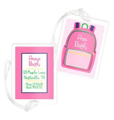 Perfect for school backpacks, athletic bags & luggage, our bag tags are laminated in a clear, plastic pouch and measures 2.5"x3.5". These include a plastic cord for attaching to your bag. Fully colored front & back (as shown). Please provide personalization information in box above Add to Cart button. One complimentary proof for approval will be emailed prior to production. Allow 14 business days for delivery post proof approval. Personalized Rectangular Luggage Tag For School, Personalized Pink Luggage Tag For School, White Rectangular Bags For School Events, Customizable Pink Luggage Tag, Plastic Pouch, Personalized Backpack, Beach Design, Bag Tag, School Backpacks