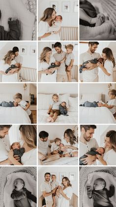 a collage of photos showing a man and woman holding their baby