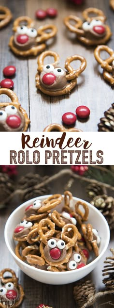 a bowl filled with pretzels and reindeer faces