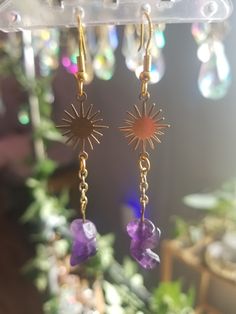 These Sunburst Amethyst earrings are the perfect addition to your crystal jewelry collection! They're super lightweight making them easy to wear all day. The perfect Birthday or Anniversary gift for the witchy woman in your life! Handmade with high quality, hypoallergenic and nickel free findings. Wanna show off your new earrings? We'd love to see you strutting your stuff  with your new  earrings so be sure to tag us with @prairiesunshowers on Instagram/Facebook and TikTok to share the love❤ Tha Handmade Celestial Crystal Earrings For Gift, Mystical Ear Wire For Jewelry Making, Mystical Style Ear Wire For Jewelry Making, Handmade Mystical Earrings For Gift, Mystical Dangle Earrings As A Gift, Nickel-free Mystical Earrings For Gift, Nickel-free Mystical Earrings Gift, Handmade Celestial Crystal Drop Earrings, Handmade Mystical Crystal Earrings As Gift