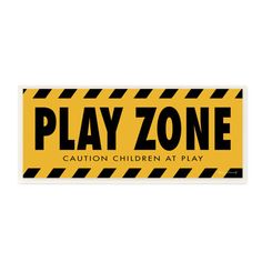 a yellow and black sign that says play zone caution children at play on the front