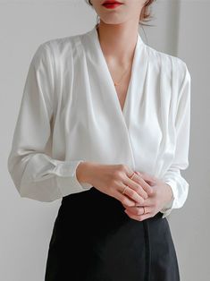 #ad Great shopping ideas for White Long Sleeve Women's Shirt Silk V-neck French Design Women' Summer Blouses, Fashion Tops Satin Shirts For Women, Satijnen Blouses, Satin Clothing, Satin Shirts, Casual Office Wear, White Silk Blouse, Ivory Silk, Elegant Blouses, Satin Shirt