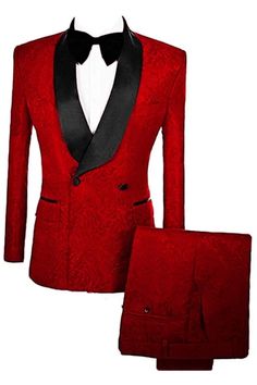 Elegant Double-breasted Suit Set For Groom, Double-breasted Tuxedo Three-piece Suit For Wedding, Elegant Formal Double-breasted Set, Luxury Brocade Suit For Formal Occasions, Red Fitted Elegant Suit, Elegant Fitted Red Suit, Elegant Red Fitted Suit, Red Festive Semi-formal Blazer, Elegant Red Business Sets