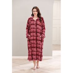 Zip Up Fleece Robe Warm Long Printed Flannel Bathrobe Housecoat Color: Red, Size: XXL | Alwyn Home Arnisha Girl Mid-Calf Bathrobe w / Pockets Polyester | 34 H x 44 W in | Wayfair Fleece Robe, House Clothes, Printed Robe, Gifts For Your Mom, Mid Calf, Night Gown, Warm And Cozy, Color Combinations, Full Length