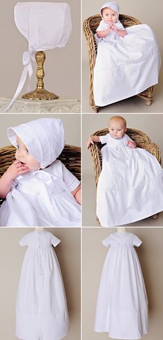 four pictures of a baby in a white dress and bonnet laying on a wicker chair