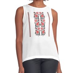 Women's sleeveless tank with vivid edge-to-edge sublimation print on front. Spliced materials for comfort. Front panel made from silky chiffon and solid color black or white jersey back. Sizes available XS- 2XL. Embroidery Ladies design - popular in Western Europe with traditional ornaments. You can make a nice gift for women for any occasion in any age - beautiful t shirt, scarf, tote, phone case, cup, pillow, notebook or even clock. "Black and red embroidered flowers" is a classic ornament in Sleeveless Red Tops With Floral Embroidery, Red Sleeveless Tops With Floral Embroidery, Red Embroidered Sleeveless Vest, Red Sleeveless Top With Floral Embroidery, T Shirt Scarf, Classic Ornament, Ladies Design, Shirt Scarf, Traditional Ornaments