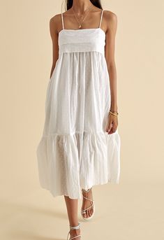 Summer Maxi Dress With Ruffles And Straight Neckline, Ruffled Strap Dresses With Adjustable Straps For Daywear, Flowy Midi Dress With Ruffled Straps For Daywear, Daywear Dresses With Adjustable Ruffled Straps, Summer Cotton Voile Dress With Ruffles, White Flowy Midi Dress With Ruffled Straps, Cotton Midi Dress With Ruffled Straps For Daywear, Breezy Midi Dress With Spaghetti Straps, Cotton Dress With Tie Straps And Tiered Skirt