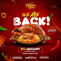 we are back flyer with roasted chicken and rice on plate in front of red background