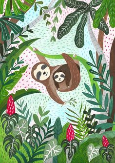 a painting of two sloths hanging from a tree in the jungle, surrounded by plants and mushrooms