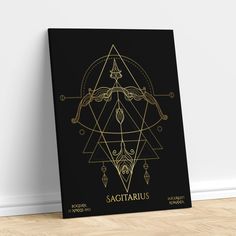 a black and gold poster with the zodiac sign sagitarus on it's side