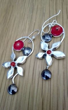 Handmade Fusion Chandelier Drop Earrings, Handmade Fusion Style Chandelier Drop Earrings, Artisan Dangle Earrings For Party, Red Round Flower Earrings With Ear Wire, Handmade Fusion Earrings, Red Sterling Silver Earrings For Pierced Ears, Red Sterling Silver Pierced Earrings, Handmade Red Flower Earrings For Party, Handmade Artisan Red Earrings