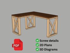 a computer desk with the text screw details and 3d plans