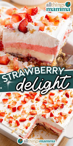 collage image of Strawberry Delight. Strawberry Graham Cracker Cake, Strawberry Delight No Bake Dessert, Strawberry Cool Whip Desserts, Cool Whip And Pudding Desserts, Strawberry No Bake Dessert, Strawberry Graham Cracker Dessert, No Bake Strawberry Desserts, Strawberry Delight Recipe, Strawberries Cheesecake