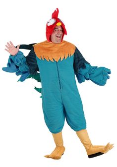 a man in a chicken costume is posing for the camera with his arms outstretched and legs spread out