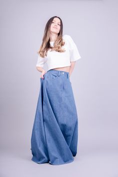 "Oversized, loose and spacious extra long and comfortable, with front and back pockets, this extremely chick skirt is made of high quality denim. All time trendy with a classic silhouette you will look stunning anywhere you go. MATERIALS: × Denim ------------------------------------------- If you have any questions about the item or have any personal requirements about the garment, please do not hesitate to send us a message, our team is available 24/7, or check out our shop policy. -> https: Baggy Full-length Skirt For Spring, Spring Full-length Baggy Skirt, Casual Wide Leg Dark Wash Maxi Skirt, Baggy Cotton Denim Skirt In Medium Wash, Baggy Medium Wash Cotton Denim Skirt, Casual Denim Blue Wide Leg Maxi Skirt, Baggy Wide Leg Denim Blue Skirt, Blue Baggy High Waist Denim Skirt, Denim Blue Wide Leg Baggy Skirt