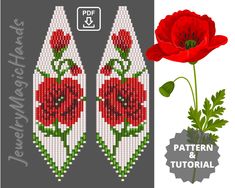 a red flower with green leaves on it next to a white and gray background that has the words, pattern & tutorial