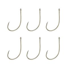 six fishing hooks on a white background