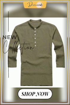 Men Button Solid Cotton Linen Half Sleeve Shirts Linen Khaki Long Sleeve Shirt With Buttons, Casual Tops With Stand Collar And Button Cuffs, Casual Tops With Stand Collar And Placket, Casual Stand Collar Top With Placket, Casual Top With Stand Collar And Placket, Green Stand Collar Top With Buttons, Green Cotton Top With Stand Collar, Cotton Henley Shirt With Buttons, Cotton Henley Neckline Shirt With Buttons