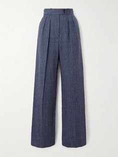 Loro Piana’s pants are made from a blend of breathable linen, insulating wool and fluid silk. Designed with elongating pinstripes, they sit high on the waist and have straight legs with sharp pleats that form pressed creases. Style yours with the coordinating blazer. Corporate Clothes, Job Office, Striped Pants Women, Kids Fashion Wear, Elegant Pant, Dressy Casual Outfits, Fashion Collage, Looks Chic, Loro Piana