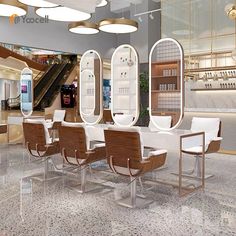 the interior of a store with several mirrors and chairs in it, along with an escalator