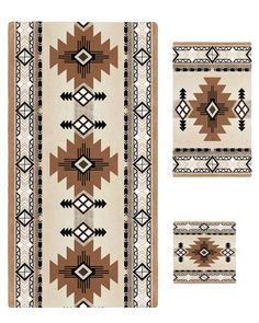 two rugs with native style designs on the sides and one in brown, white and black