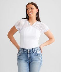 Red By BKE Ruched Mesh Top - White Medium, Women's White Lined v-neck top Bust measures 30 on size small Body length 20 on size small. Self: 68% Rayon 29% Nylon 3% Spandex. Contrast: 95% Nylon 5% Spandex. Hand wash cold. Do not bleach. Line dry. Low iron if needed.. Measurements: Bust -Fullest part of bust with arms at sides. Waist -Circumference of natural waist: above belly button below rib cage. Hips -Standing with feet together fullest part of hips. WOMEN'S TOP SIZE CONVERSION CHART Size US/ Stretch V-neck Mesh Top For Summer, Fitted V-neck Mesh Top For Summer, Summer V-neck Mesh Top, Fitted V-neck Short Sleeve Top For Summer, Ruched Mesh Top, Conversion Chart, Waist Circumference, Top For Women, Women Shirts Blouse