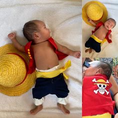 a baby wearing a yellow hat laying on top of a bed next to another photo