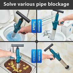 four pictures showing how to use a sink drainer and hand held plunger in the bathroom