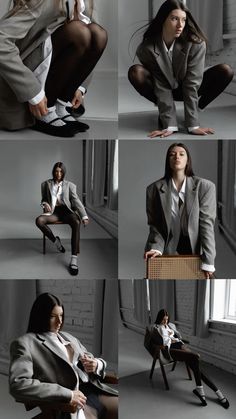 the woman is sitting on a chair and posing for photoshoots in business attire