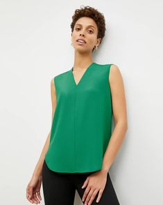 Emmy Top - Eco Soft Wave :: Clover – M.M.LaFleur Casual V-neck Tank Top For Work, Versatile V-neck Tops For Layering, Versatile V-neck Viscose Blouse, Green Relaxed Fit V-neck Blouse, Modern V-neck Blouse For Spring, Relaxed Fit V-neck Tank Top For Spring, Classic V-neck Top For Layering, Modern V-neck Tops For Summer, Modern Tops With Shirttail Hem For Work