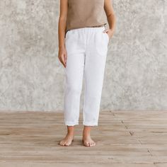 Linen pants with pockets in white color with wide leg and loose fit are made from natural linen. Laid back but still elegant, these boho linen trousers are perfect for workdays--no need to sweat it out in your heavy-weight trousers. Luxuriously simple, soft and suited to any occasion. If you're looking for something on the fun side, our colors will add a pop of color to your outfits.  Model growth is 112 cm (48'). The size is kids "S". ∎ Linen: I use natural linen and organic cotton, linen what Womens Linen Pants, Linen Bottoms, Sweat It Out, Pants With Pockets, Linen Pants Women, Linen Trousers, Style Expert, S N, Linen Shorts