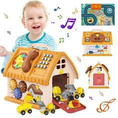 a little boy that is standing in front of a toy house with lots of toys around him