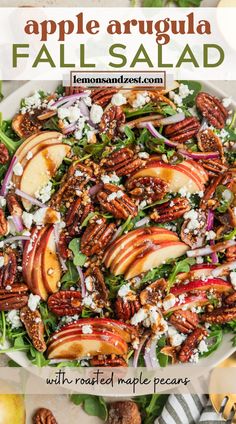 an apple salad with pecans and feta cheese on top in a white bowl