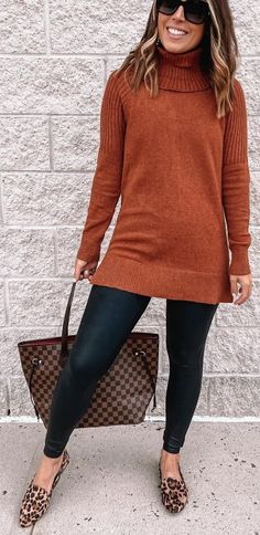 Rust Orange Sweater Outfit, Rust Leggings Outfit, Brown Sweater Outfit, Orange Sweater Outfit, Turtleneck Sweater Outfit, Burnt Orange Sweater, Winter Sweater Outfits, Teacher Clothes, Dream Outfits