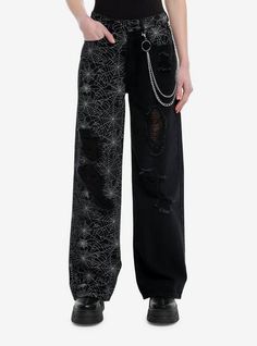 Girls Black Jeans, Spiderweb Design, Goth Pants, Split Pants, Black Goth, Hold Ups, Hoodie Girl, Girls Jeans, Bedroom Inspo