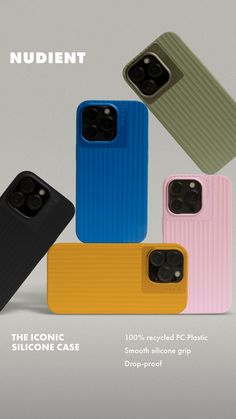 four different colored cases are shown in this ad for the phone case company, including one with