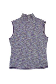 Current Boutique-Missoni - Purple Sleeveless Mock Turtleneck Sz 8 Blue High Neck Stretch Tank Top, Blue Stretch High Neck Tank Top, Blue Fitted High Neck Tank Top, Fitted High Neck Blue Tank Top, Casual Sleeveless Mock Neck Top For Fall, Casual Sleeveless Mock Neck Top For Spring, Spring Sleeveless Mock Neck Top, Casual Sleeveless Mock Neck Top For Layering, Blue Funnel Neck Top For Layering