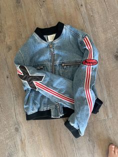 amazing vintage moto jacket.  great vintage wear throughout and on patches.   true 90s made in Canada  size large but true vintage so would fit a small or medium best Denim Moto Jacket, Jeans Denim Jacket, Moto Vintage, Denim Coat Jacket, Vintage Racing, Vintage Wear, Moto Jacket