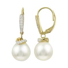 Add effortless elegance to your attire when you don these divine diamond accent and freshwater cultured pearl earrings. Add effortless elegance to your attire when you don these divine diamond accent and freshwater cultured pearl earrings. Length: 1.1 in. Closures: leverback Metal: 14k gold Finish: polished Packaging: boxedCULTURED PEARL DETAILS Type: freshwater Size: 9 mm -10 mm Shape: round Color: whiteDIAMOND DETAILS Total weight: 1/10 ct. Shape: round Setting: pave Gemstones may have been tr Elegant Pearl Earrings With Prong Setting For Evening, Elegant Pearl Earrings With Diamond Accents For Anniversary, Evening Fine Jewelry Pearl Earrings With Diamond Accents, Evening Pearl Earrings With Diamond Accents, Fine Jewelry Pearl Earrings With Diamond Accents For Evening, Formal Pear Shaped Earrings With Diamond Accents, Formal Pear-shaped Earrings With Diamond Accents, Formal Yellow Gold Diamond Earrings With Pearl Drop, Elegant Akoya Pearl Jewelry With Prong Setting