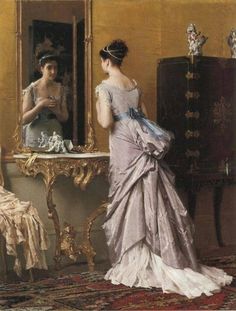 a painting of a woman looking at herself in the mirror while another is standing near her