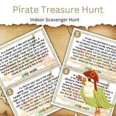 two cards with an image of a bird and the words pirate treasure hunt on them