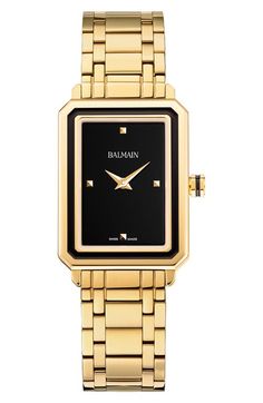 Find BALMAIN WATCHES Eirini Bracelet Watch on Editorialist. A sleek, instant classic, this deco-inspired bracelet watch features a rectangular framed case and four pyramid markers on the black dial. 25mm x 33mm case; 16mm band width Swiss quartz movement Antireflective sapphire crystal face Stainless steel with PVD Swiss made Dove Bracelet, Bracelet Watches Women, Latest Watches, Gold Bracelet For Women, Stainless Steel Watch, Swiss Made, Sapphire Crystal, Silver Watch, Quartz Movement