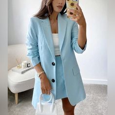 Genuine Zara New With Tag Material: 69% Cotton, 31% Polyester Color: Turquoise Long Blazer In Pretty Turquoise. Lapel Collar, 2 Button Closure. Longer Length To Wear With Mini Dresses Turquoise Blazer, Elbow Patch Blazer, Dark Blue Blazer, Corporate Attire, Cropped Blazer Jacket, Professional Outfits Women, Event Outfit, Stylish Work Outfits, Trendy Fashion Outfits